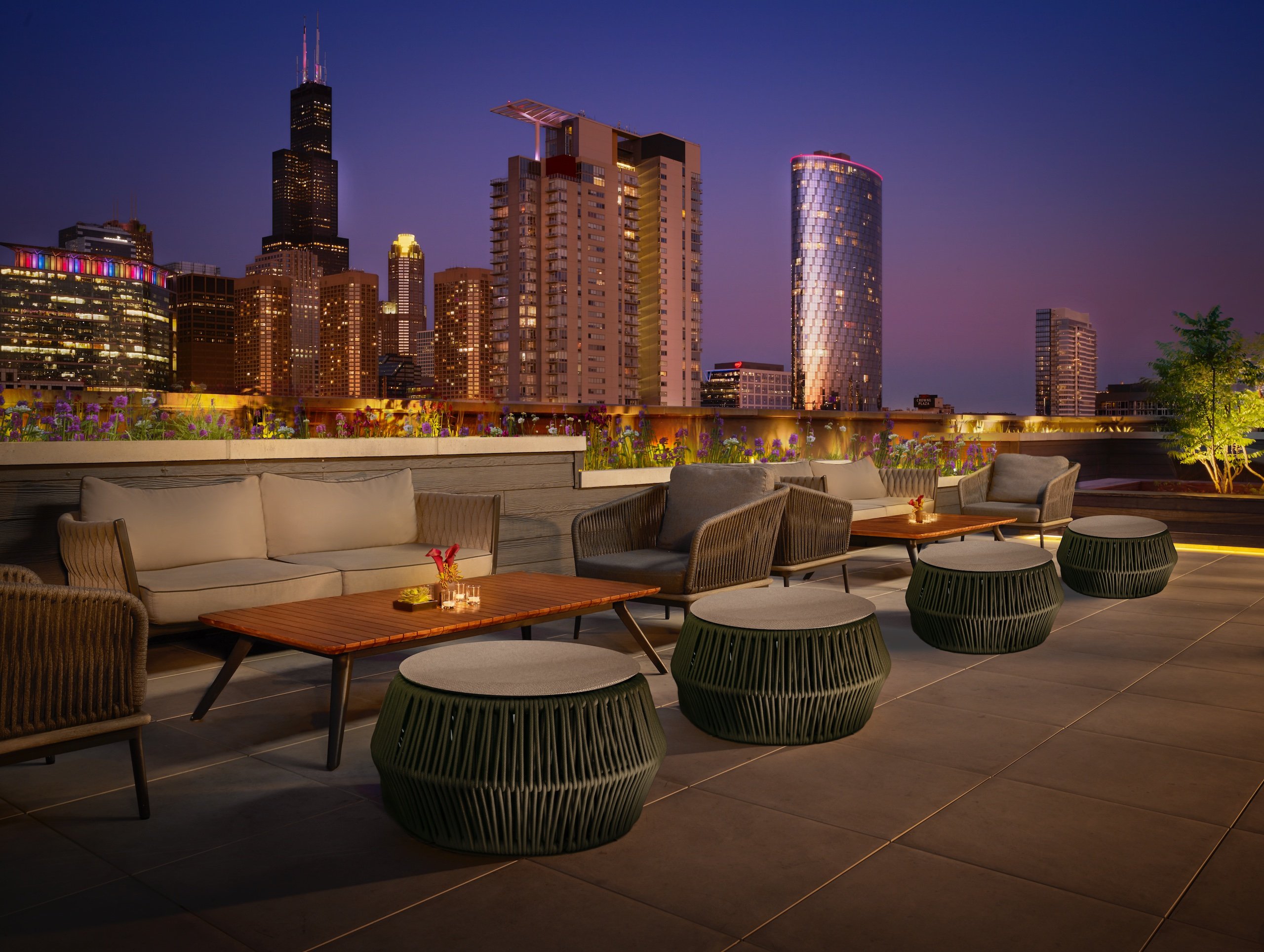 rooftop seating area with city skyline