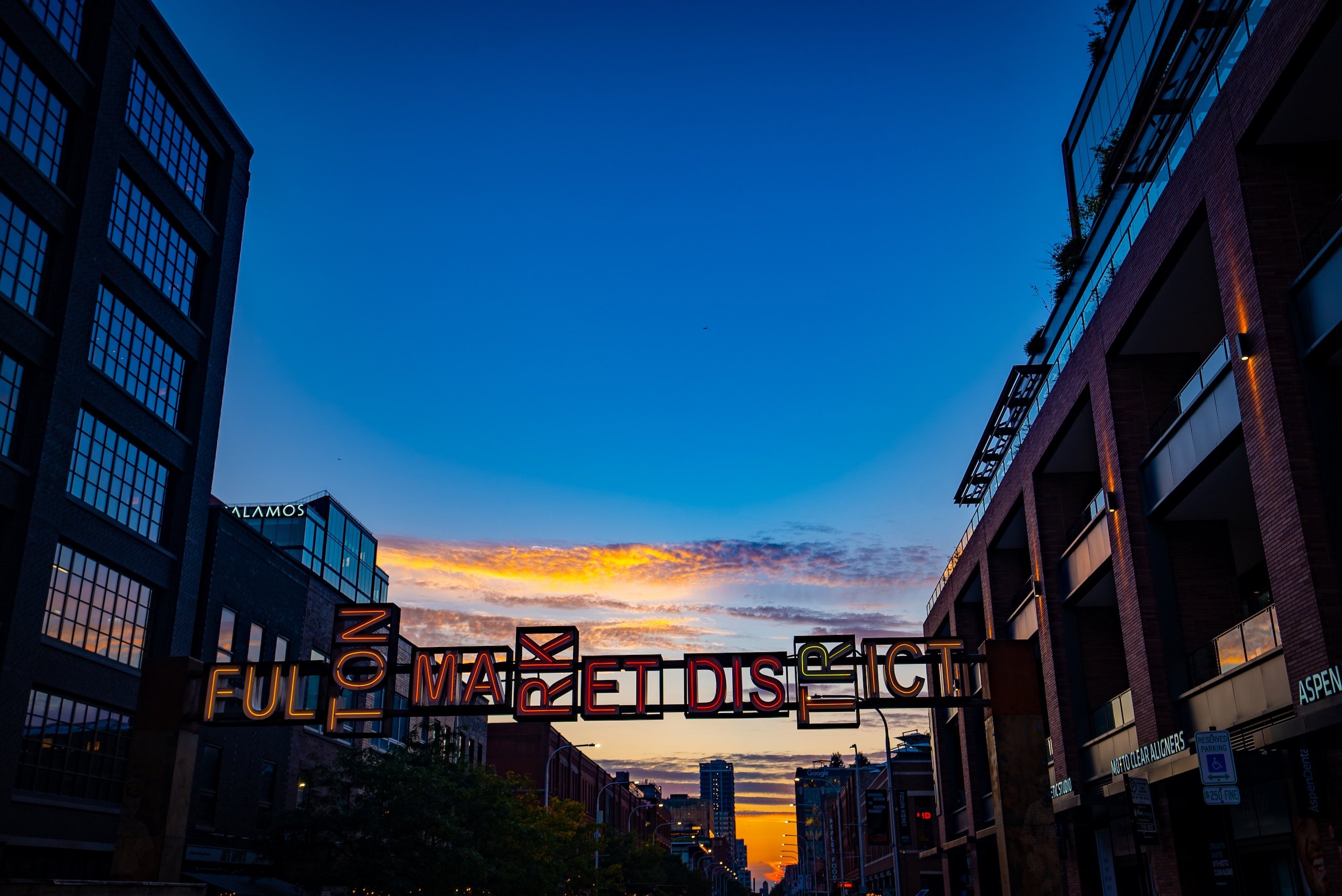 Fulton Market District entrance at sunset