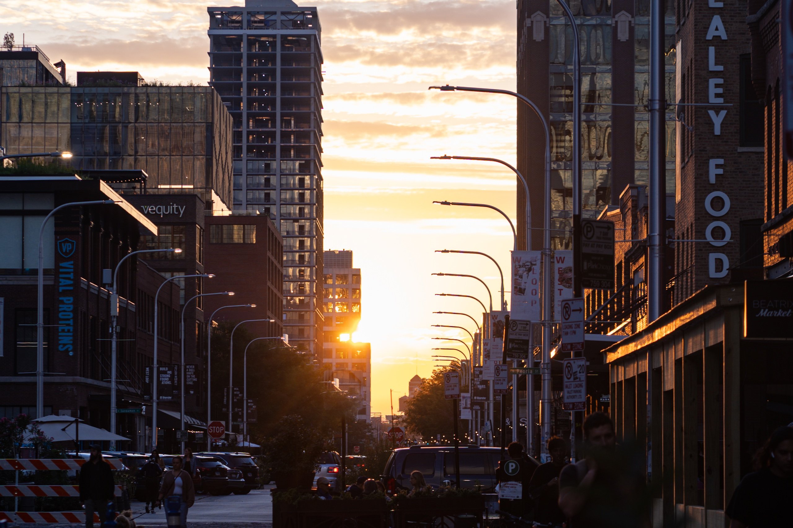 bustling street in Chicago at sunset