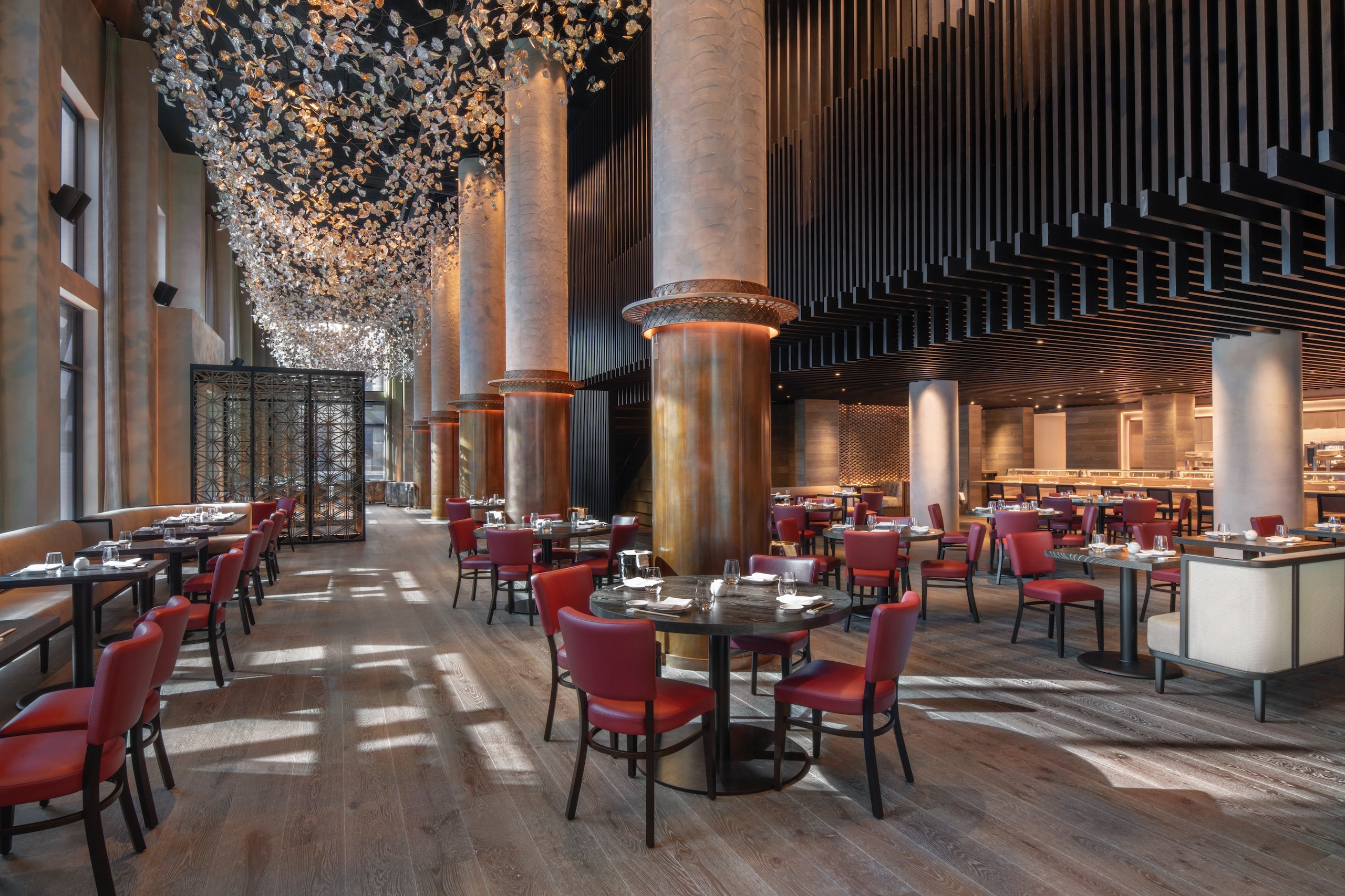 Dining area with red chairs