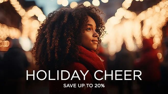 Festive graphic promoting holiday cheer with a message to save up to 20% on selected items