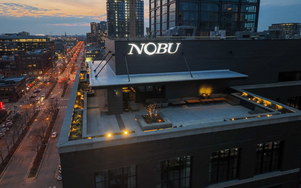 The Nobu rooftop bar in Chicago, offering a trendy atmosphere and panoramic views of the city, ideal for socializing