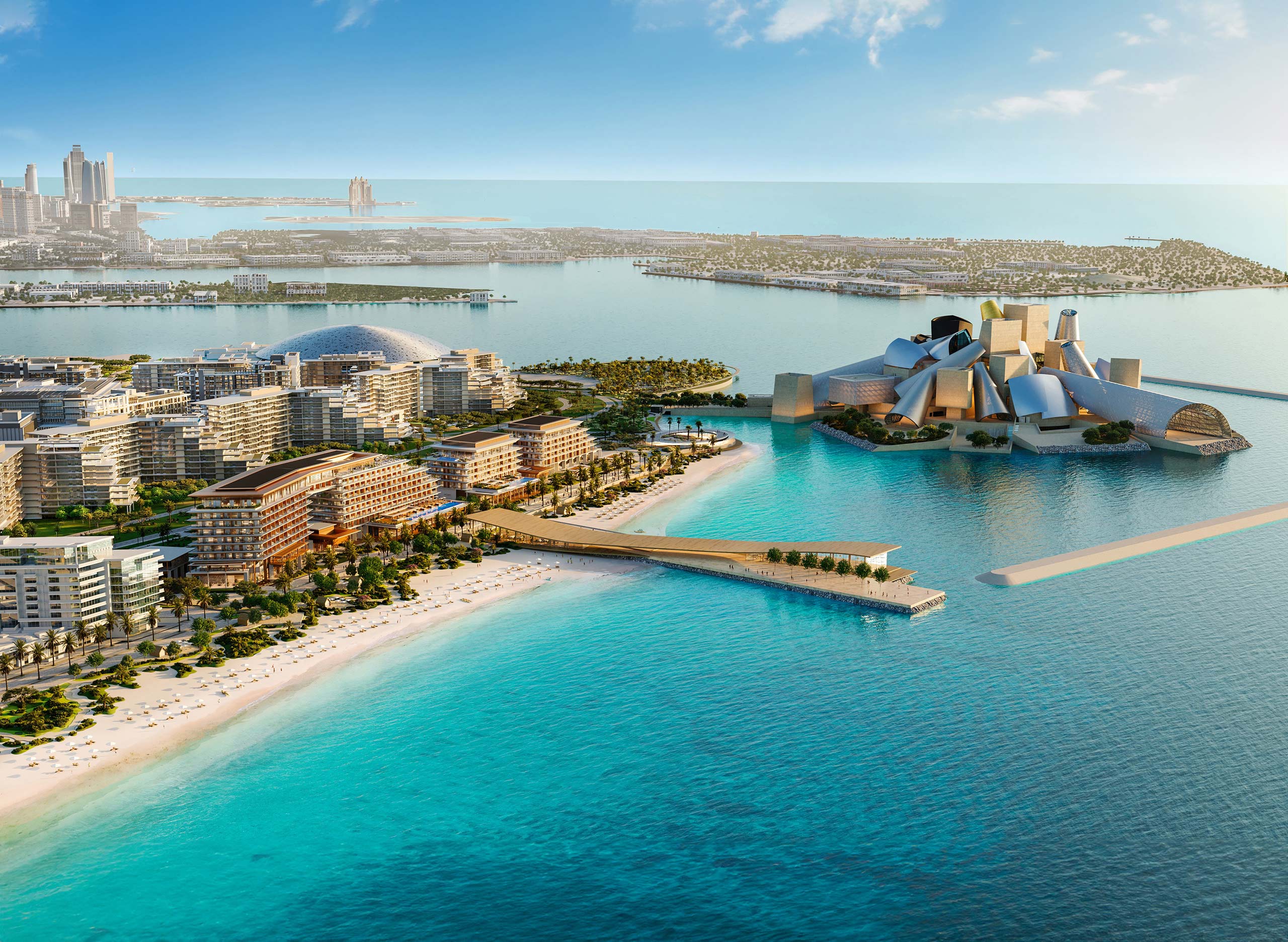 A stunning view of Dubai's skyline, showcasing modern buildings rising from the water, with Abu Dhabi in the background