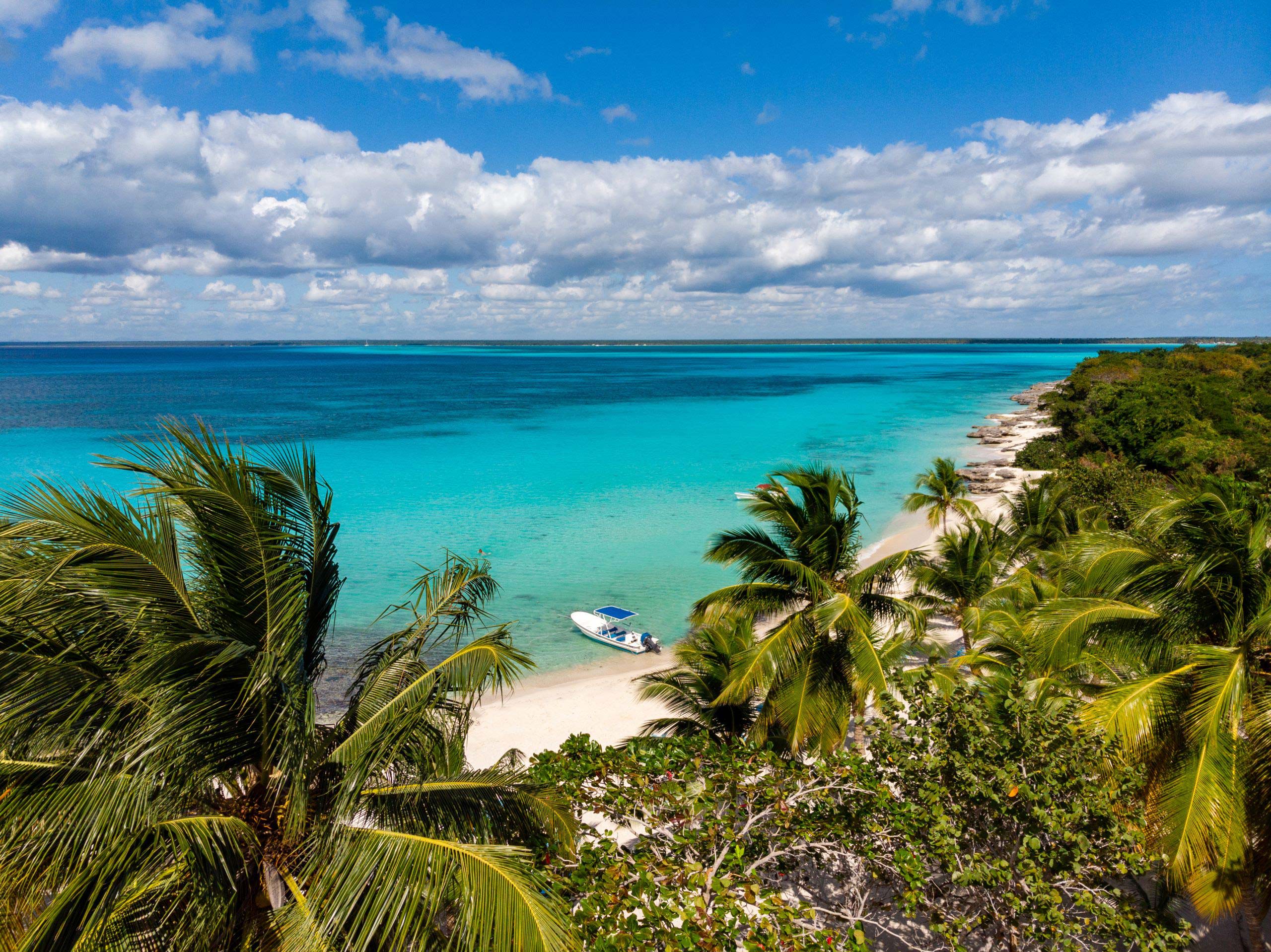 A bright blue sky dotted with fluffy white clouds, creating a serene and peaceful atmosphere