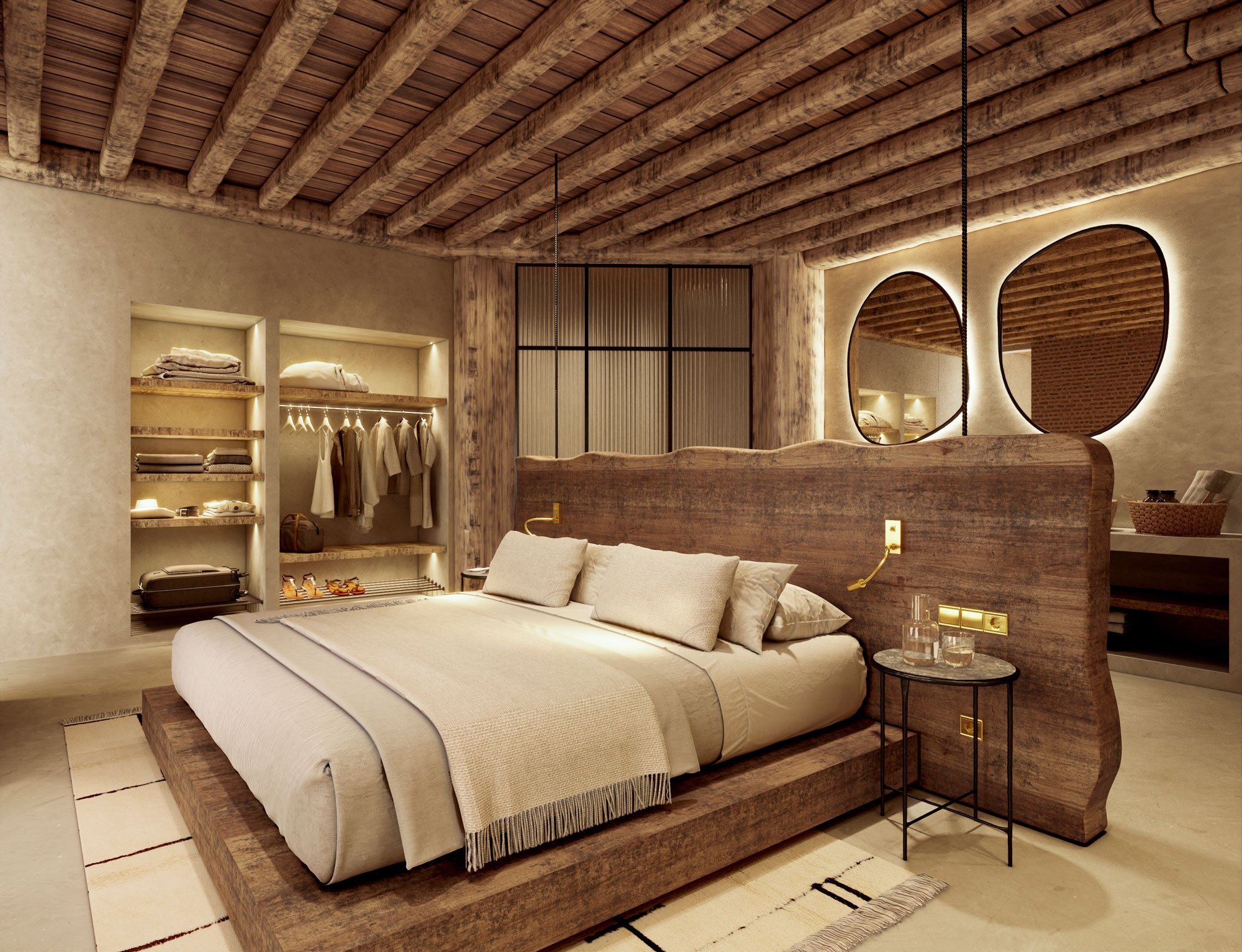 Charming bedroom scene with a neatly made bed and an elegant wooden headboard, inviting comfort and tranquility