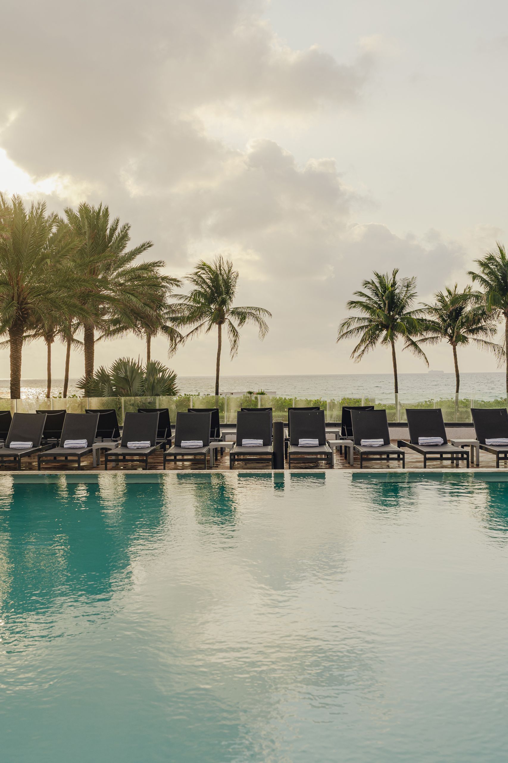 beach chairs and palm trees near the pool with beach view