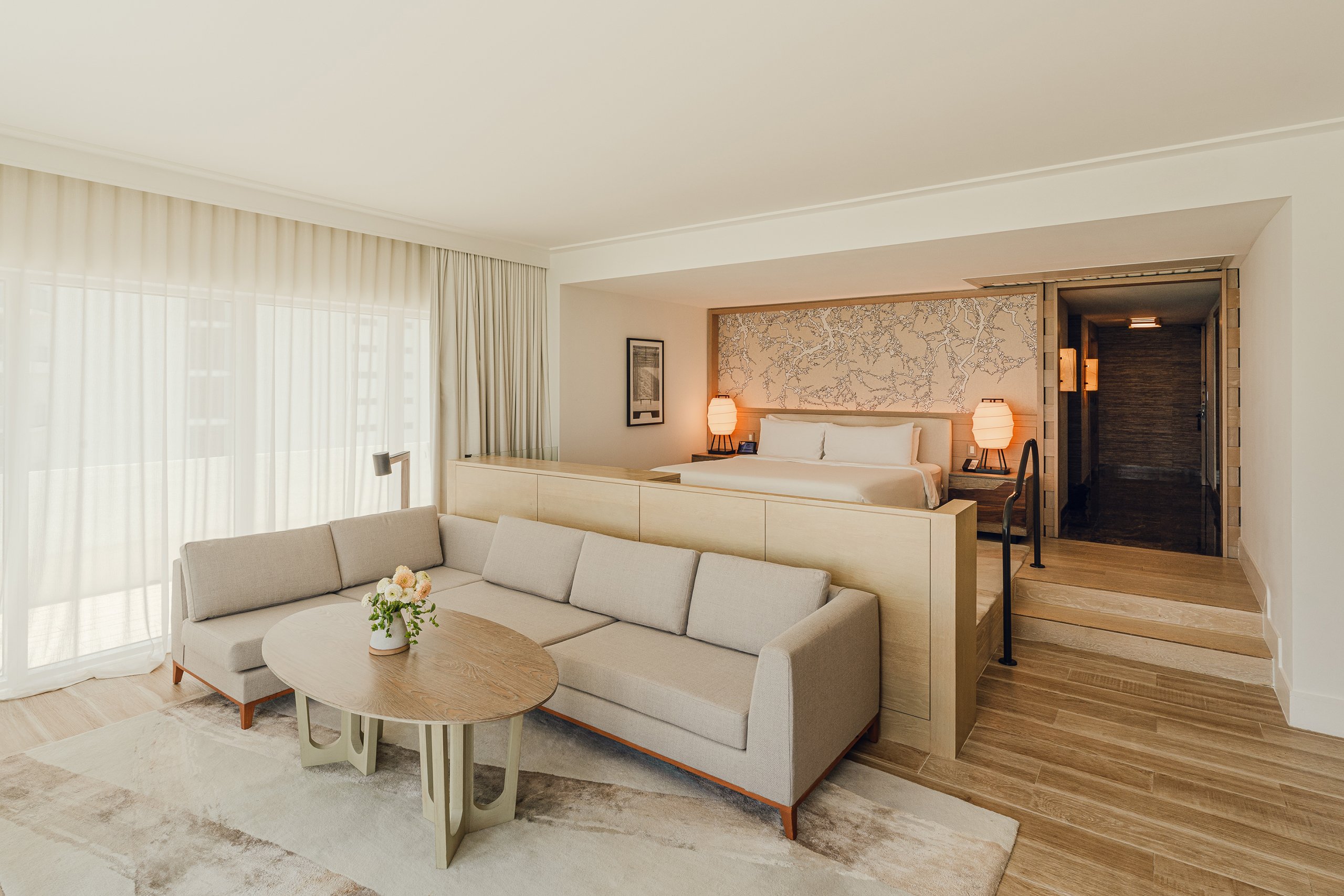 Large bedroom with sand toned interior