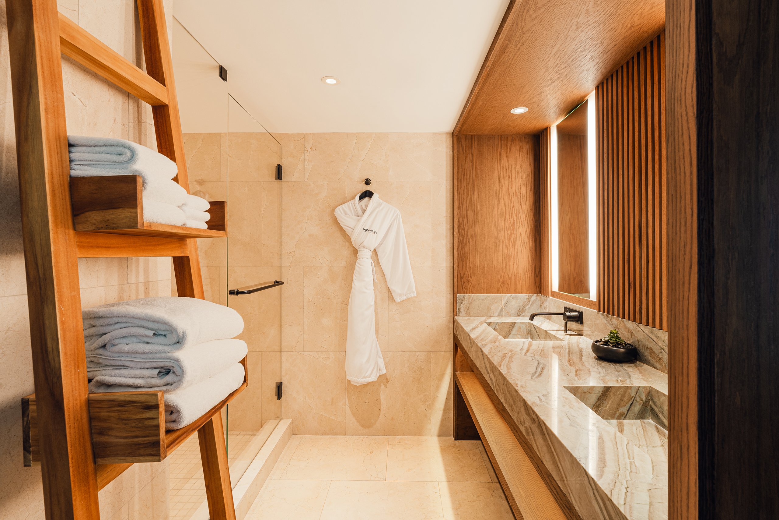 bathrobe and towels in brown toned bathroom