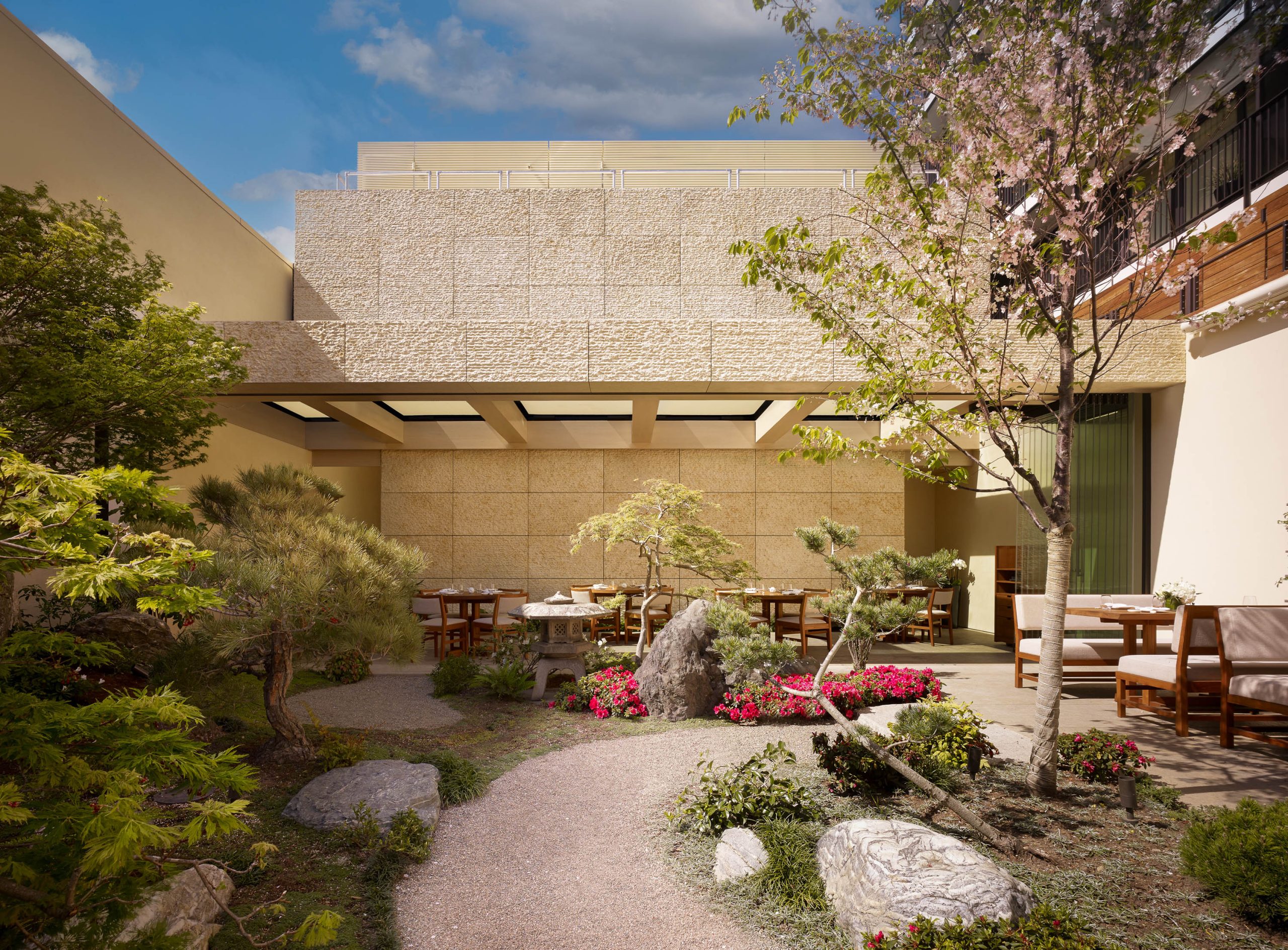 Outdoor dining area in beautiful garden under the open sky